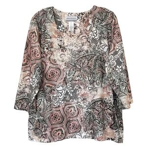Alfred Dunner Womens Top PXL 3/4 Sleeve Embellished Lace Overlay Panel Blouse